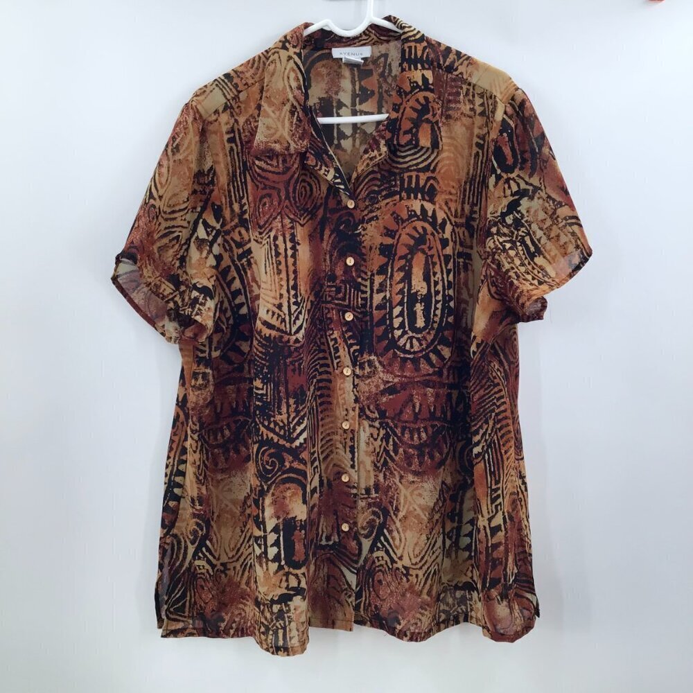 Vintage Women's 22/24 Batik Chiffon Blouse Button Down Shirt Earth Tones Ethnic